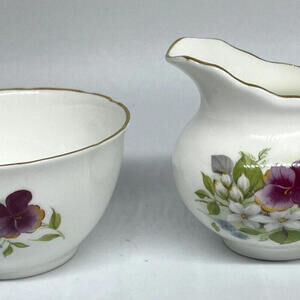 Allyn Nelson Cream and Sugar Set Fine Bone China Purple‎ Pansies Flowers Nesting